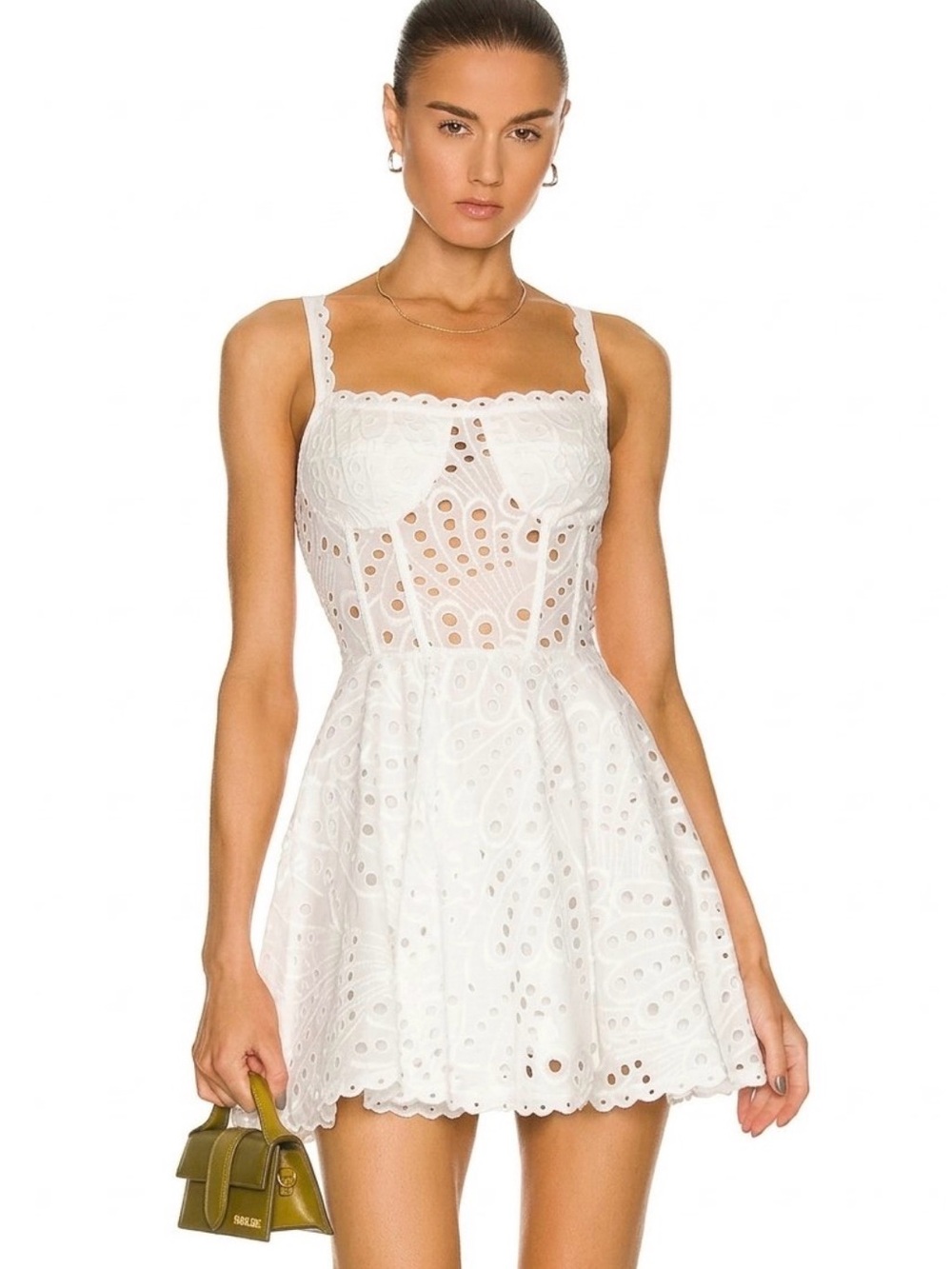 Charo Ruiz Ibiza Nina White Eyelet Corset Mini Dress, Size Medium